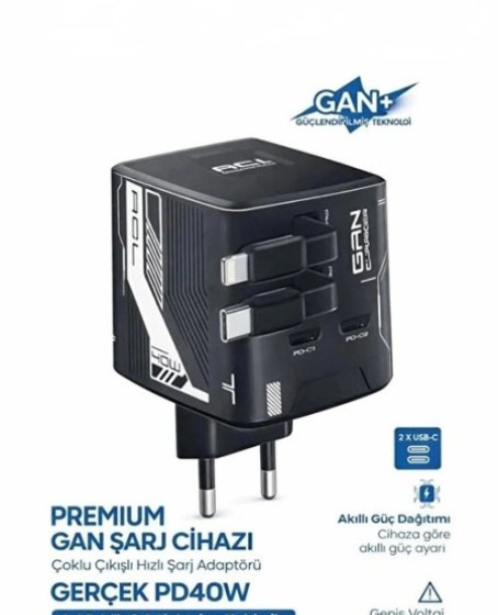 Gan+ Pd 40w Hızlı Şarj Adaptörü Çoklu Çıkış Usb-c Lightning Kablolu Hızlı Şarj Cihazı Ev Ofis Uyumlu Siyah