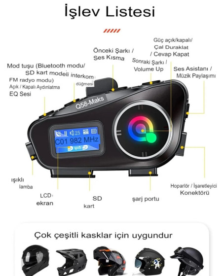 Q58-max Radyolu 2 Kişi Bağlantılı Bluetooth Kask Kulaklık Ekranlı Fenerli Müzik Ve Telsiz Intercom