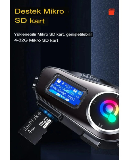 Q58-max Radyolu 2 Kişi Bağlantılı Bluetooth Kask Kulaklık Ekranlı Fenerli Müzik Ve Telsiz Intercom