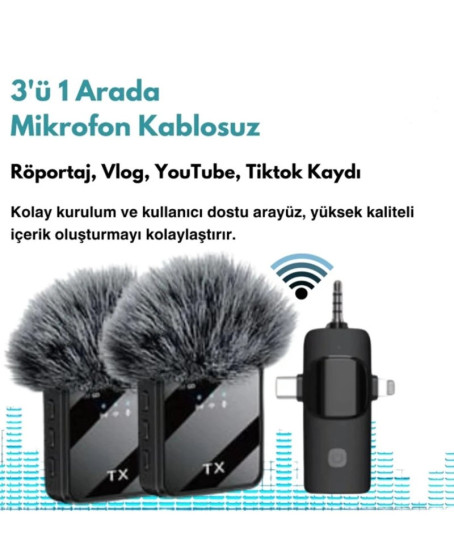 Yüksek Kalite Profesyonel 3 In 1 Kablosuz Taşınabilir Yaka Mikrofonu Tüylü Yüksek Kalite Profesyonel 3 In 1 Kablosuz Taşınabilir Yaka Mikrofonu Tüylü