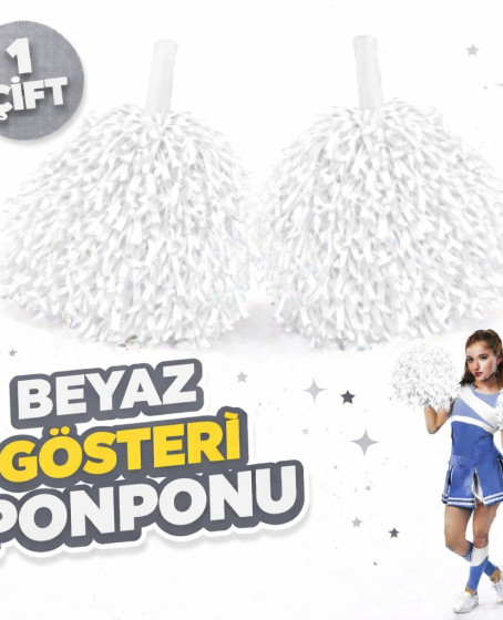 1 Çift ( 2 Adet ) Beyaz Renk 23 Nisan 19 Mayıs 29 Ekim Okul Gösteri Ponponları Ekstra Dolgun