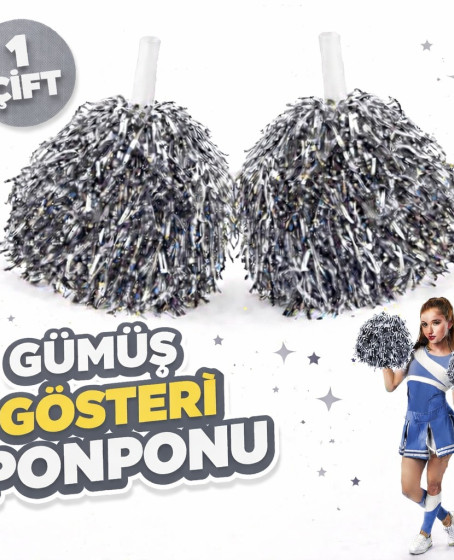1 Çift ( 2 Adet ) Gümüş Renk 23 Nisan 19 Mayıs 29 Ekim Okul Gösteri Ponponları Ekstra Dolgun
