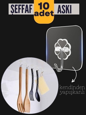 10'lu Şeffaf Kendinden Yapışkanlı Güçlü Askı Kancası, Banyo Mutfak Organizer, İz Bırakmaz Pratik Askı
