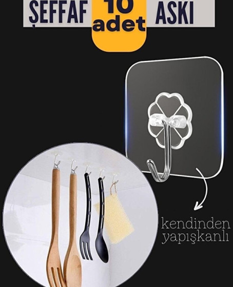 10'lu Şeffaf Kendinden Yapışkanlı Güçlü Askı Kancası, Banyo Mutfak Organizer, İz Bırakmaz Pratik Askı