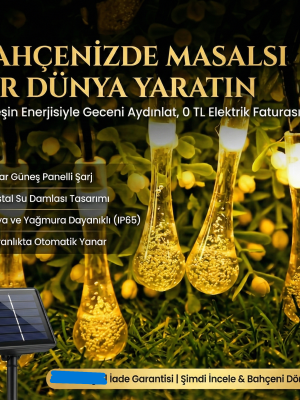 10 Led 2 Metre Sarı Kristal Su Damlası Güneş Enerjili Led Işık Solar Bahçe Ağaç Lamba Aydınlatması