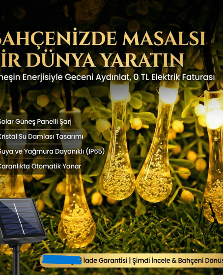 10 Led 2 Metre Sarı Kristal Su Damlası Güneş Enerjili Led Işık Solar Bahçe Ağaç Lamba Aydınlatması