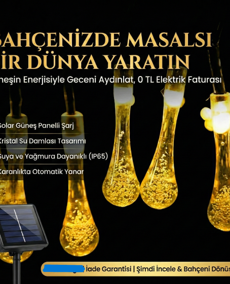 10 Led 2 Metre Sarı Kristal Su Damlası Güneş Enerjili Led Işık Solar Bahçe Ağaç Lamba Aydınlatması