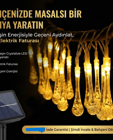 10 Led 2 Metre Sarı Kristal Su Damlası Güneş Enerjili Led Işık Solar Bahçe Ağaç Lamba Aydınlatması