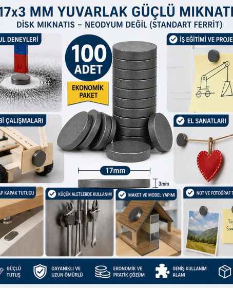 100 Adet Mıknatıs 17x3 mm Yuvarlak Güçlü Mıknatıs Disk Mıknatıs
