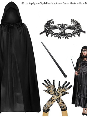 120 cm Kapüşonlu Siyah Pelerin + Asa + Dantel Maske + Uzun Dantel Siyah Eldiven Kostüm Seti 120 cm Kapüşonlu Siyah Pelerin + Asa + Dantel Maske + Uzun Dantel Siyah Eldiven Kostüm Seti