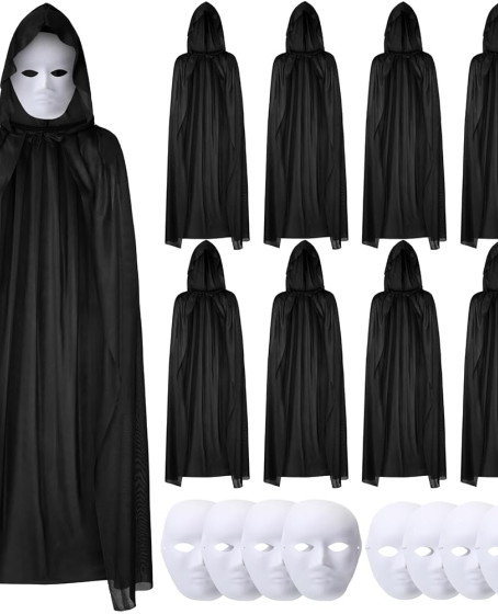 120 cm Siyah Kapüşonlu Pelerin ve Boyanabilir Karton Maske 8’li Set