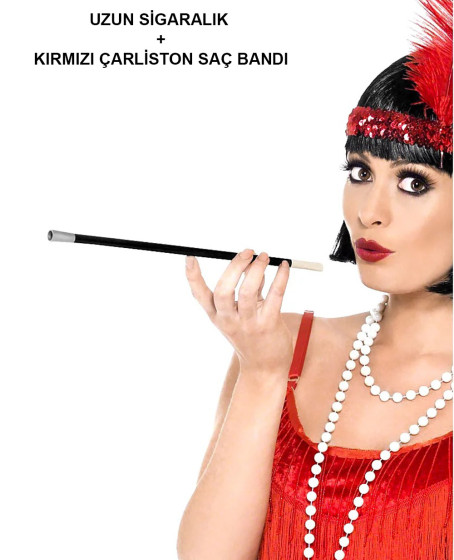 1920'ler 1990'lar Gatsby Kadın Aksesuar Seti – Kırmızı Charleston Saç Bandı ve Sigaralık