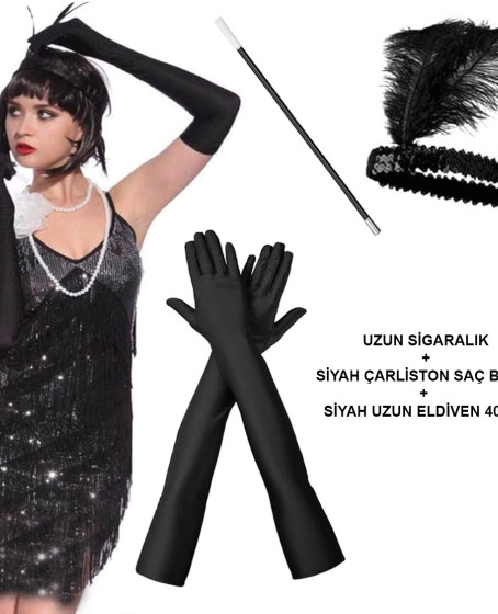 1920'ler Gatsby Aksesuar Seti – Siyah Charleston Saç Bandı, Uzun Eldiven & Sigaralık
