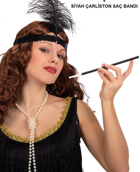 1920'ler Gatsby Aksesuar Seti – Siyah Charleston Saç Bandı & Sigaralık