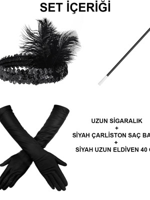 1920'ler Gatsby Aksesuar Seti – Siyah Charleston Saç Bandı, Uzun Eldiven & Sigaralık