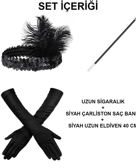 1920'ler Gatsby Aksesuar Seti – Siyah Charleston Saç Bandı, Uzun Eldiven & Sigaralık