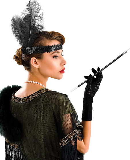 1920'ler Gatsby Aksesuar Seti – Siyah Charleston Saç Bandı & Sigaralık