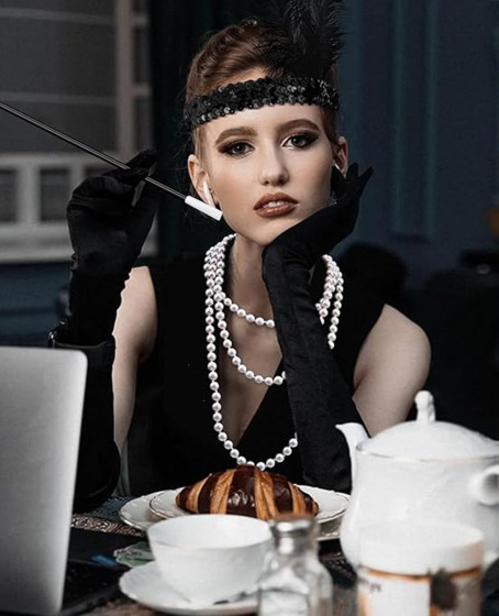 1920'ler Gatsby Aksesuar Seti – Siyah Charleston Saç Bandı, Uzun Eldiven & Sigaralık