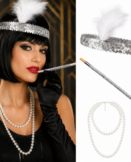 1920'ler Gatsby Gümüş Parti Seti - Çarliston Saç Bandı, İnci Kolye ve Sigara Tutacağı