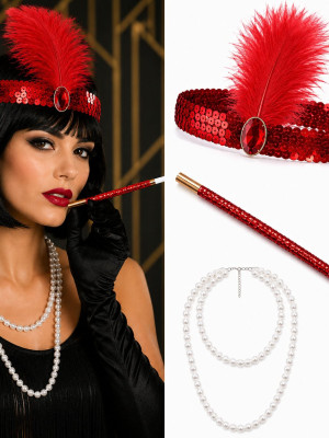 1920'ler Gatsby Kırmızı Parti Seti - Çarliston Saç Bandı, İnci Kolye ve Sigara Tutacağı 1920'ler Gatsby Kırmızı Parti Seti - Çarliston Saç Bandı, İnci Kolye ve Sigara Tutacağı
