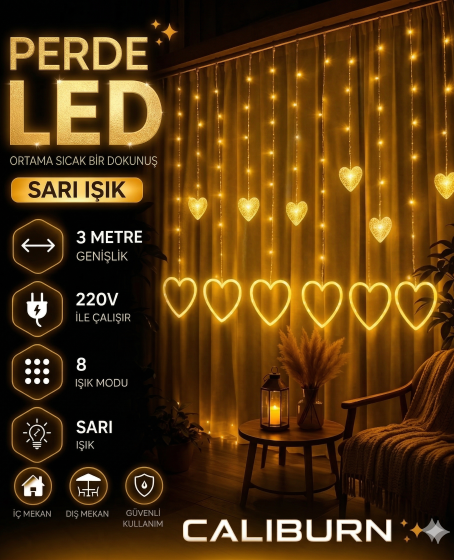 3 Metre 8 Modlu Kalp Perde LED Işık - Sarı (Sıcak Beyaz) Işık Dekoratif Işıklandırma Oda Dekoru 3 Metre 8 Modlu Kalp Perde LED Işık - Sarı (Sıcak Beyaz) Işık Dekoratif Işıklandırma Oda Dekoru
