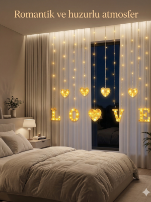 3 Metre Perde Led Işık - 8 Modlu Kalp ve LOVE Figürlü Dekoratif Animasyonlu Led