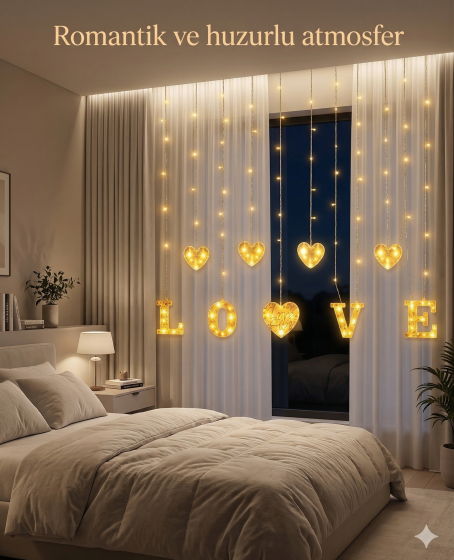 3 Metre Perde Led Işık - 8 Modlu Kalp ve LOVE Figürlü Dekoratif Animasyonlu Led