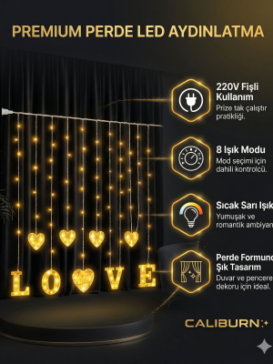 3 Metre Perde Led Işık - 8 Modlu Kalp ve LOVE Figürlü Dekoratif Animasyonlu Led