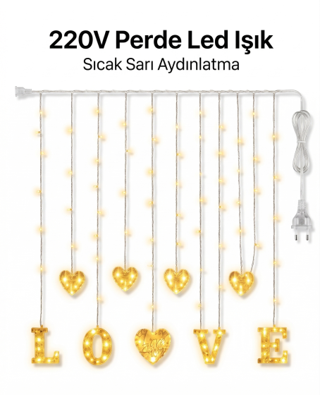 3 Metre Perde Led Işık - 8 Modlu Kalp ve LOVE Figürlü Dekoratif Animasyonlu Led