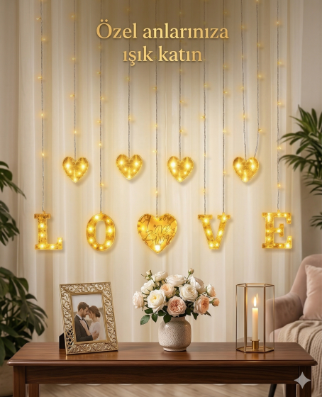 3 Metre Perde Led Işık - 8 Modlu Kalp ve LOVE Figürlü Dekoratif Animasyonlu Led