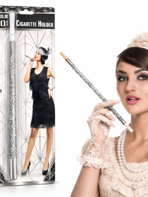 30 cm Gümüş Payetli Sigara Tutacağı – 1920’ler Gatsby Parti Aksesuarı
