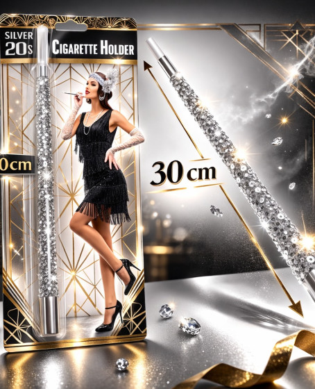 30 cm Gümüş Payetli Sigara Tutacağı – 1920’ler Gatsby Parti Aksesuarı 30 cm Gümüş Payetli Sigara Tutacağı – 1920’ler Gatsby Parti Aksesuarı