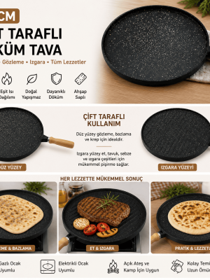 35 cm Döküm Gözleme Tavası Çift Taraflı Bazlama Izgara Tavası Ahşap Saplı Yapışmaz