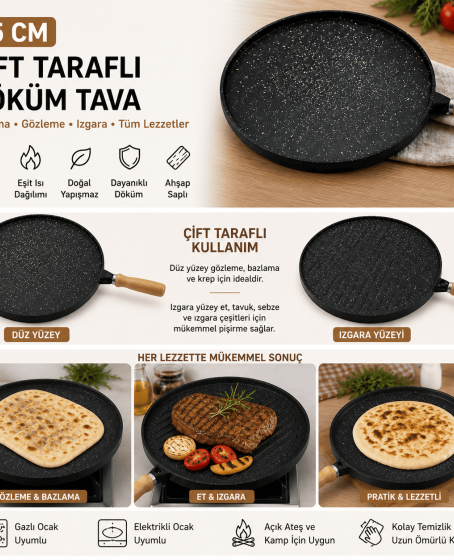 35 cm Döküm Gözleme Tavası Çift Taraflı Bazlama Izgara Tavası Ahşap Saplı Yapışmaz 35 cm Döküm Gözleme Tavası Çift Taraflı Bazlama Izgara Tavası Ahşap Saplı Yapışmaz