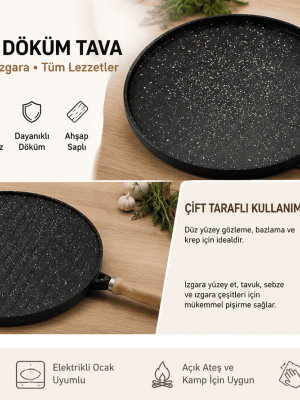 35 cm Döküm Gözleme Tavası Çift Taraflı Bazlama Izgara Tavası Ahşap Saplı Yapışmaz 35 cm Döküm Gözleme Tavası Çift Taraflı Bazlama Izgara Tavası Ahşap Saplı Yapışmaz