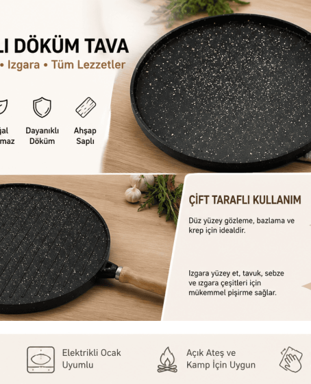 35 cm Döküm Gözleme Tavası Çift Taraflı Bazlama Izgara Tavası Ahşap Saplı Yapışmaz 35 cm Döküm Gözleme Tavası Çift Taraflı Bazlama Izgara Tavası Ahşap Saplı Yapışmaz