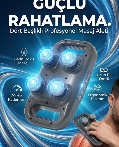 4 Başlıklı Masaj Tabancası - Ergonomik Derin Doku Sırt ve Boyun Masaj Aleti Ağrı ve Sızı Giderici 4 Başlıklı Masaj Tabancası - Ergonomik Derin Doku Sırt ve Boyun Masaj Aleti Ağrı ve Sızı Giderici