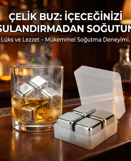 4'lü Çelik Metal Kaplama Viski Taşı Soğutma Buz Küpü
