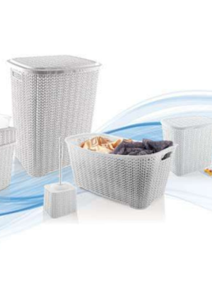 5 Parça Örgü Desenli Plastik Banyo Seti Çamaşır Sepeti Deterjanlık Çöp Kovası Klozet Fırçası - Gri