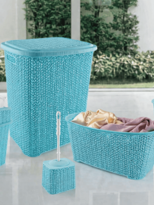5 Parça Örgü Desenli Plastik Banyo Seti Çamaşır Sepeti Deterjanlık Çöp Kovası Klozet Fırçası - Mavi