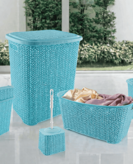 5 Parça Örgü Desenli Plastik Banyo Seti Çamaşır Sepeti Deterjanlık Çöp Kovası Klozet Fırçası - Mavi 5 Parça Örgü Desenli Plastik Banyo Seti Çamaşır Sepeti Deterjanlık Çöp Kovası Klozet Fırçası - Mavi