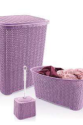 5 Parça Örgü Desenli Plastik Banyo Seti Çamaşır Sepeti Deterjanlık Çöp Kovası Klozet Fırçası - Mor