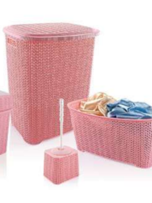 5 Parça Örgü Desenli Plastik Banyo Seti Çamaşır Sepeti Deterjanlık Klik Çöp Kovası Klozet Fırçası