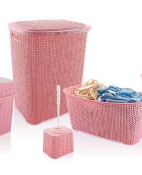 5 Parça Örgü Desenli Plastik Banyo Seti Çamaşır Sepeti Deterjanlık Klik Çöp Kovası Klozet Fırçası