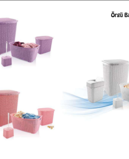 5 Parça Örgü Desenli Plastik Banyo Seti Çamaşır Sepeti Deterjanlık Klik Çöp Kovası Klozet Fırçası