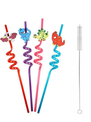 5 Parça Renkli Pipet Seti - Emojili Spiral Kokteyl- Çocuk Pipeti Temizleme Fırçalı