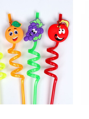 5 Parça Renkli Pipet Seti - Emojili Spiral Kokteyl- Çocuk Pipeti Temizleme Fırçalı