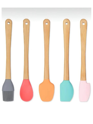 5'li Renkli Ahşap Saplı Silikon Uçlu Spatula Fırçalı Kaşık Seti -Yemek Hazırlık Seti 21 Cm
