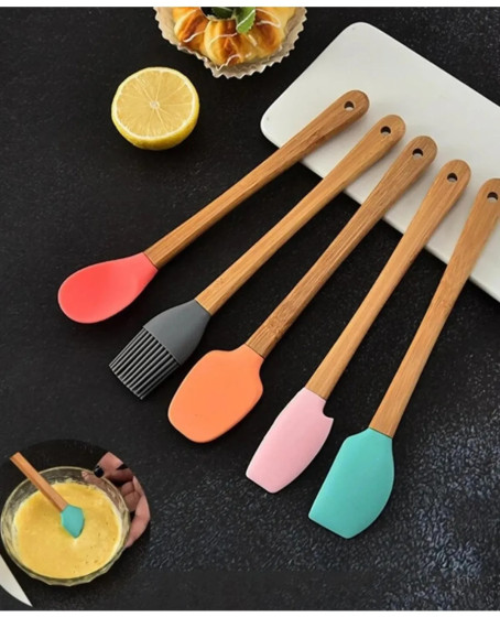 5'li Renkli Ahşap Saplı Silikon Uçlu Spatula Fırçalı Kaşık Seti -Yemek Hazırlık Seti 21 Cm 5'li Renkli Ahşap Saplı Silikon Uçlu Spatula Fırçalı Kaşık Seti -Yemek Hazırlık Seti 21 Cm