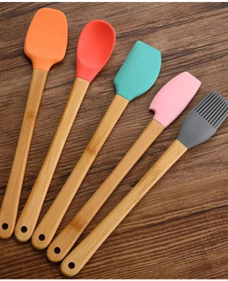 5'li Renkli Ahşap Saplı Silikon Uçlu Spatula Fırçalı Kaşık Seti -Yemek Hazırlık Seti 21 Cm 5'li Renkli Ahşap Saplı Silikon Uçlu Spatula Fırçalı Kaşık Seti -Yemek Hazırlık Seti 21 Cm